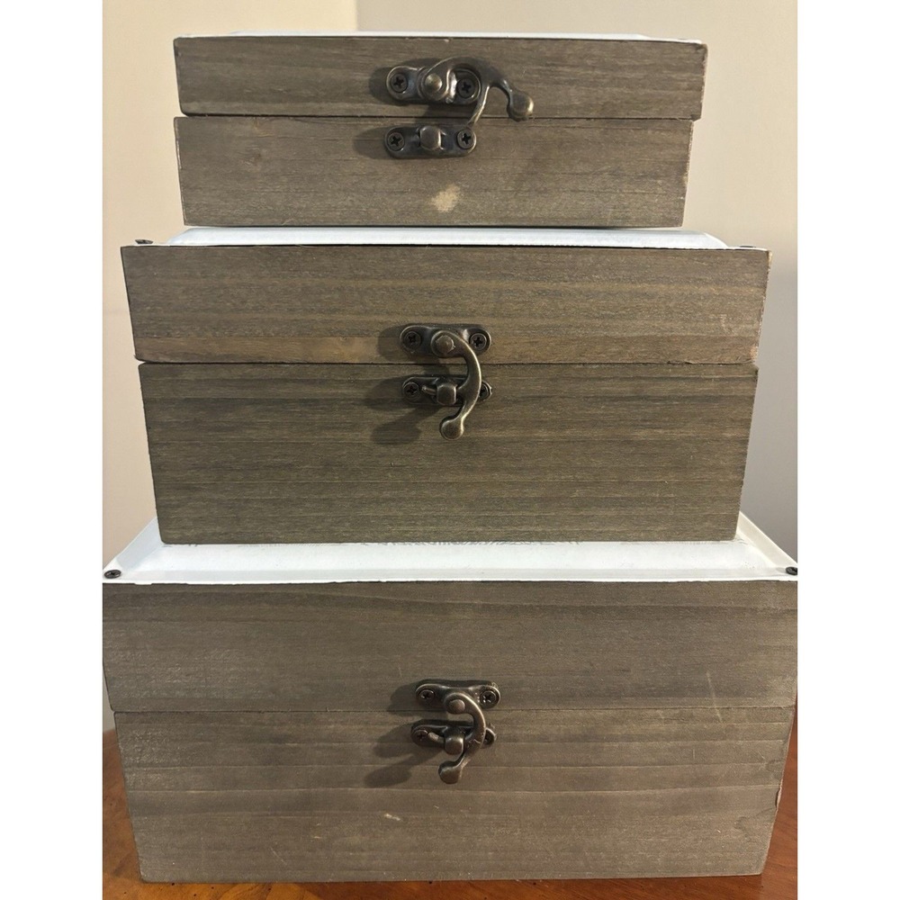 Coastal Wood Nesting Storage Boxes Set of 3 Seashell‎ Nautical Decor